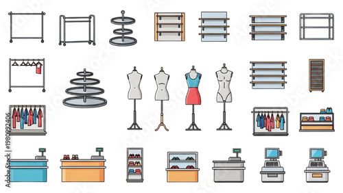 A vector 2D CAD illustration of various fashion store displays and mannequins