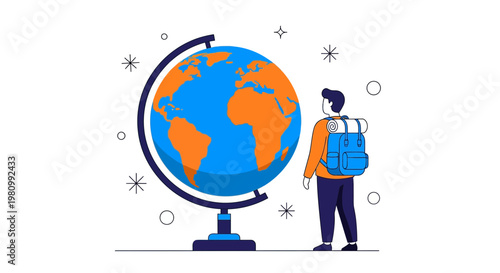 Minimalist Backpacker Looking at Earth Globe Vector