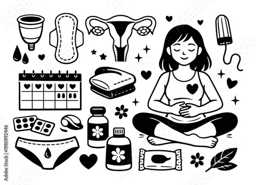 Woman sitting in lotus position holding abdomen, surrounded by items relating to menstruation, hygiene, and reproductive health
