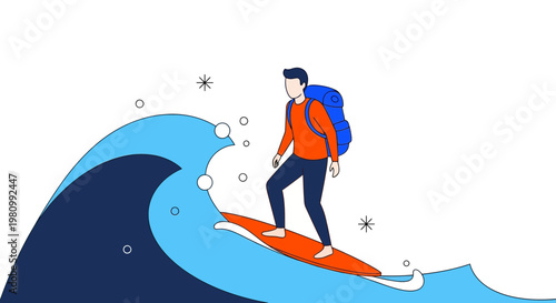 Man with Backpack Surfing on Large Wave Minimalist Flat Vector