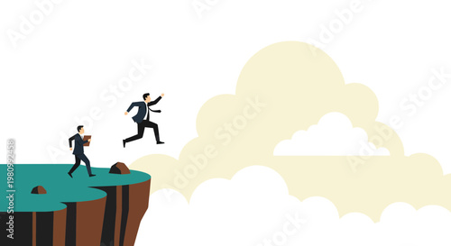 Businessman Taking a Leap of Faith off a Cliff toward Clouds