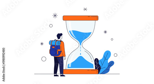 Traveler with Backpack Looking at Large Hourglass Concept