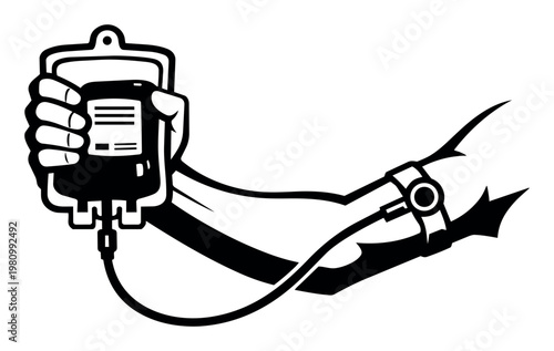 Hand holding a blood bag connected by tubing to an arm, illustrating the medical process of blood donation or transfusion