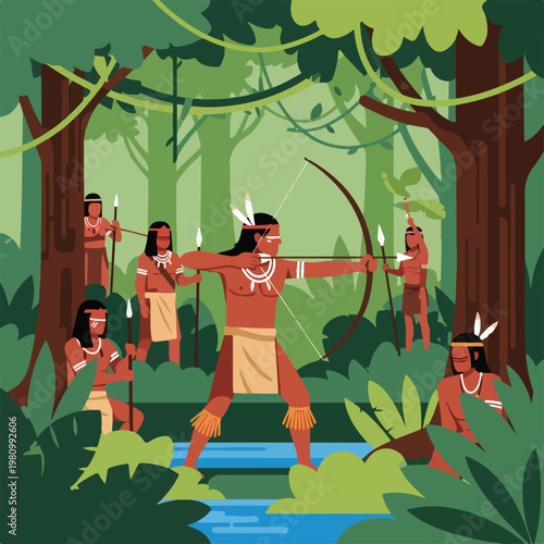 Indigenous hunters with bows and spears navigate lush green tropical rainforests