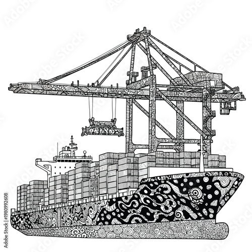 Modern Container Port with Large Cargo Crane and Shipping Containers