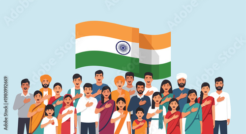 Diverse Indian crowd with hands on hearts standing before waving national flag