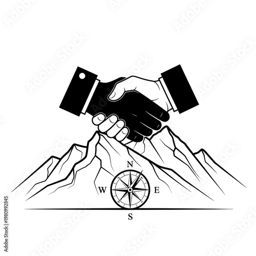 Handshake over mountains with compass, symbolizing business success and partnership