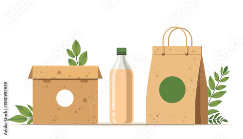 Eco-friendly paper bag, bottle, and house with green leaves on a clean surface