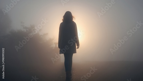 A person walking alone through dense fog on a misty morning in an atmospheric landscape
