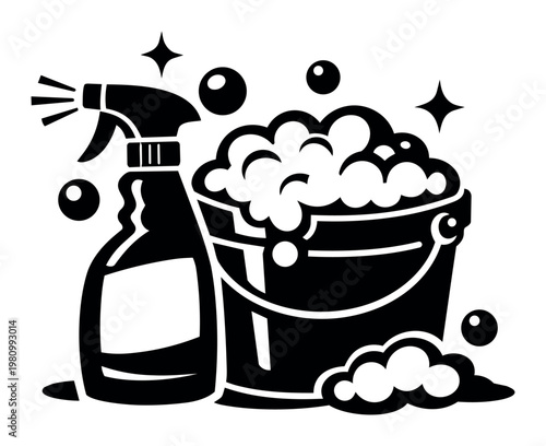Bucket filled with soapy water and a spray bottle, representing cleanliness, household tasks, and hygiene