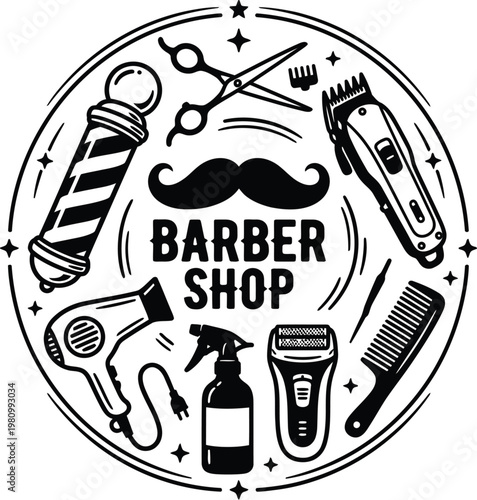 barber shop logo vector illustration with grooming tools and mustache flat design