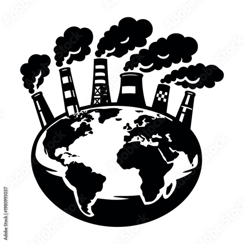 Planet Earth suffering from industrial pollution, with smoking factory chimneys emitting harmful gases into the atmosphere