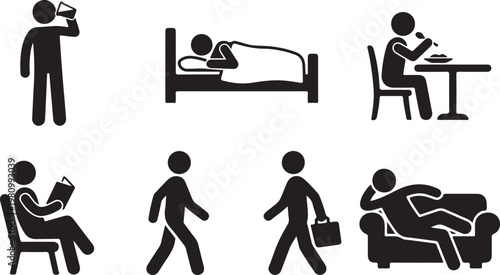 Collection of six pictogram icons depicting daily human activities with activities lifestyle pictogram silhouette drinking sleeping standing representation abstract