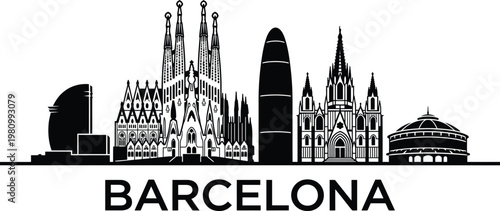 Barcelona city skyline vector illustration with famous landmarks and flat design