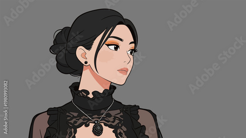 Stylish Young Woman with Black Hair Bun and Gothic Fashion