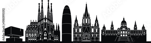 Barcelona city skyline vector illustration with famous landmarks and buildings, flat design
