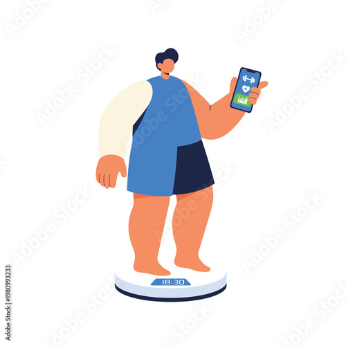 Cartoon Person Standing On Scale Holding Smartphone.