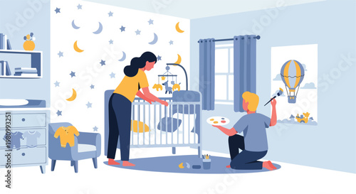 Couple decorates a blue nursery painting a mural and setting up the baby's crib