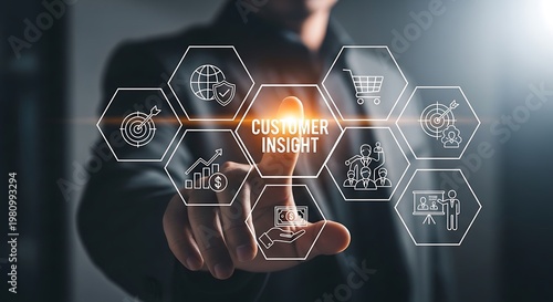 Businessman touching customer insight hexagon surrounded by marketing and finance hexagons