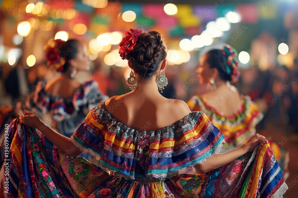 Naklejka premium Vibrant Latin American Folk Dance at Night Festival. Colorful skirts fly during traditional Mexican dancing