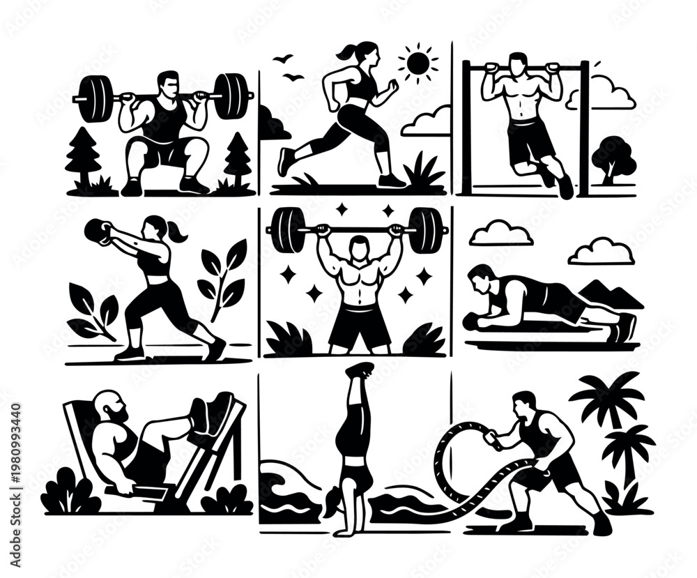 Obraz premium Athletes exercising, lifting weights, running, pulling up, planking, doing leg press, handstands, and battle rope