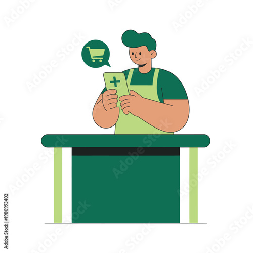 Cashier at checkout counter handling money.