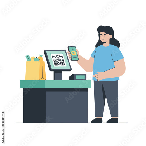 Cashier Demonstrates QR Code Payment at Point of Sale.