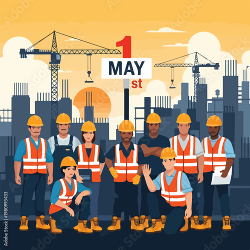 Diverse group of builders in safety gear at a city site for May 1st celebration