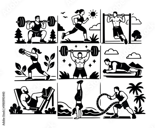 Athletes exercising, lifting weights, running, pulling up, planking, doing leg press, handstands, and battle rope