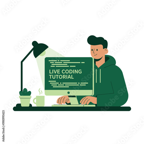 Coder at computer giving a live coding tutorial.