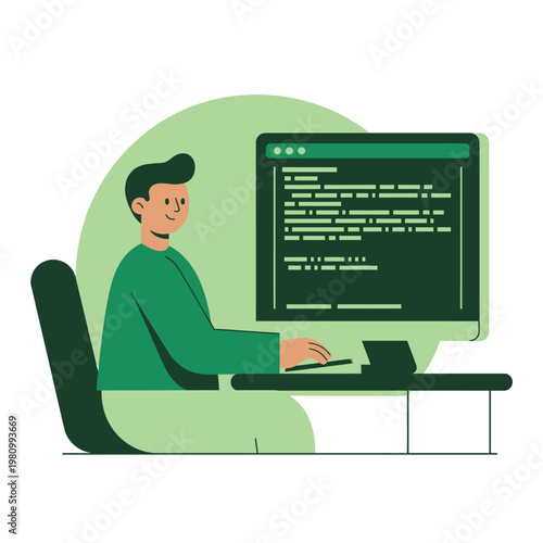 Coder at computer writing code on monitor.