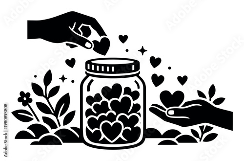Hands gently placing hearts into a jar, symbolizing generosity, empathy, and goodwill