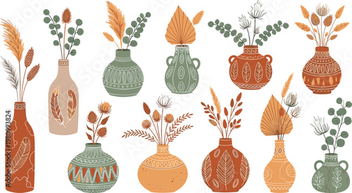 Boho Style Flower Vases with Dried Plants and Earthy Tones for Home Decor and Interior Illustration