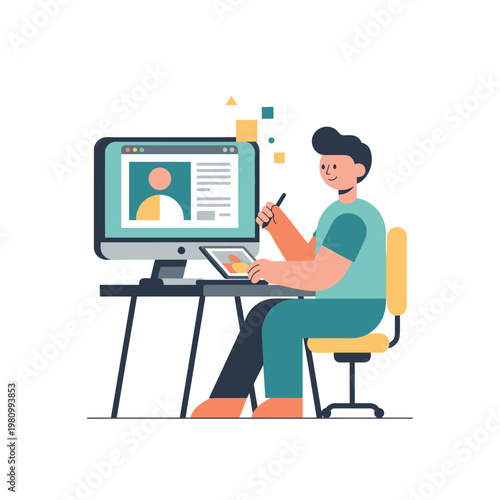 Creative person working at computer drawing tablet desk.