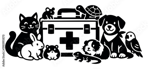 Varied group of animal friends, consisting of a dog, cat, rabbit, and turtle, huddled around a first aid kit