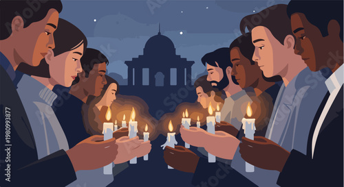 Diverse group of people holding lit candles at a night vigil near a monument