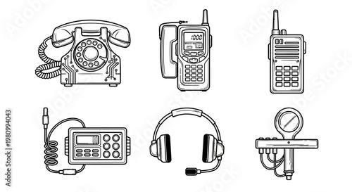Set of six communication devices including a rotary phone walkie talkie and radio transceiver with headphones for communication technology.