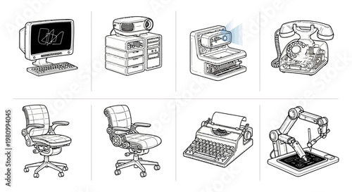 Unique mix of modern and vintage technology, office items, and robotics including computer, projector, VR device, old phone, office chairs, typewriter, and robot arm.