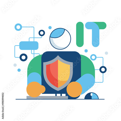 Cybersecurity Shield Robot Protecting Data In IT Theme.