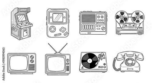 Set of eight vintage electronic devices including an arcade machine game console cassette player and old reel to reel player for retro electronics theme.