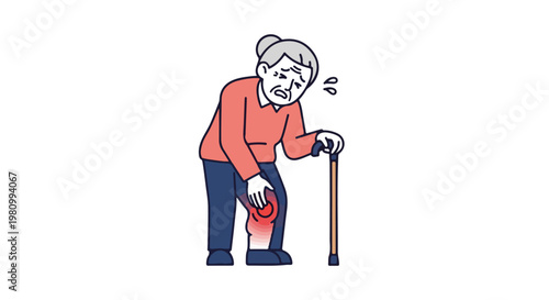 Elderly woman with grey hair leans on a cane and clutches her painful knee area