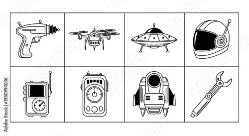 Retro ray gun and UFO with alien spaceship drone and astronaut helmet futuristic science fiction and retro technology objects collection.