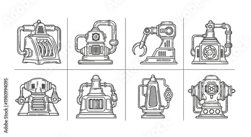 Advanced mechanical devices and industrial equipment with robotic arm pumps and power generators complex machinery and intricate engineering concepts in outline.