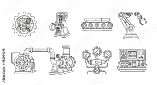 Industrial machinery and automation equipment with conveyor belt robotic arm pressure gauges and control panel complex mechanical systems and engineering components.