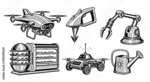 Agricultural technology and robotic farming equipment collection featuring automated drones robotic arms smart greenhouse modules and garden rovers for modern farming concept illustrations.
