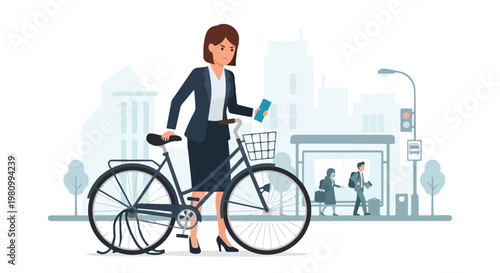 Angry businesswoman standing with her broken bicycle on a modern city's sidewalk