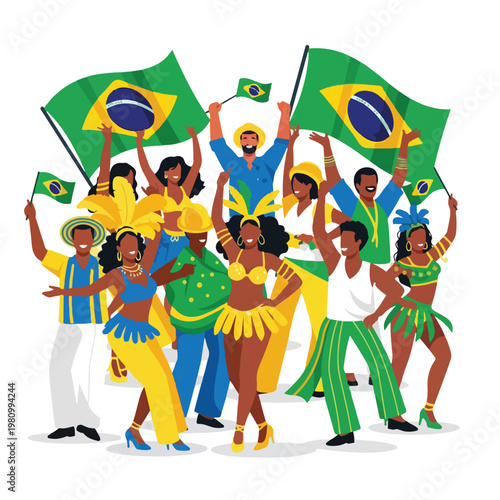 A diverse group of people in festive costumes celebrating with Brazilian flags