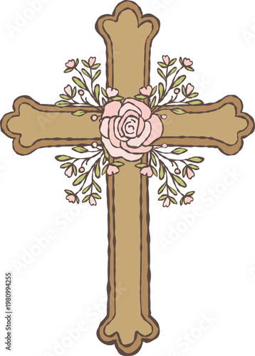 Christian cross decorated with delicate floral elements, featuring a soft rose and gentle foliage in pastel tones. Hand-drawn doodle illustration with clean color fill and slightly irregular edges. 