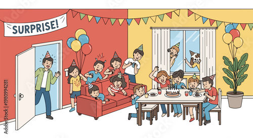 A man enters a room for a surprise birthday party with cake, friends and family