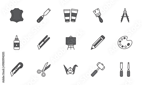 Creative Art and Craft Tools Icon Set. DIY Hobbies, Studio Supplies, Painting, Sculpting and Design Workshop Essentials Vector Collection